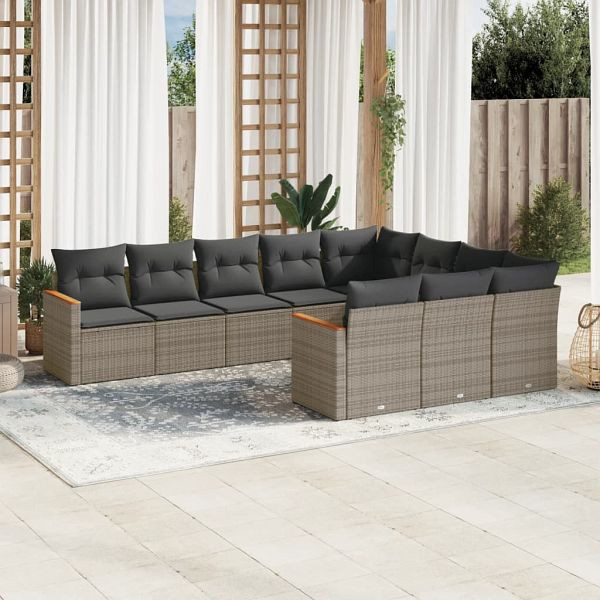 vidaXL 10-teilig Garten-Sofagarnitur mit Kissen Grau Poly Rattan, 3226340