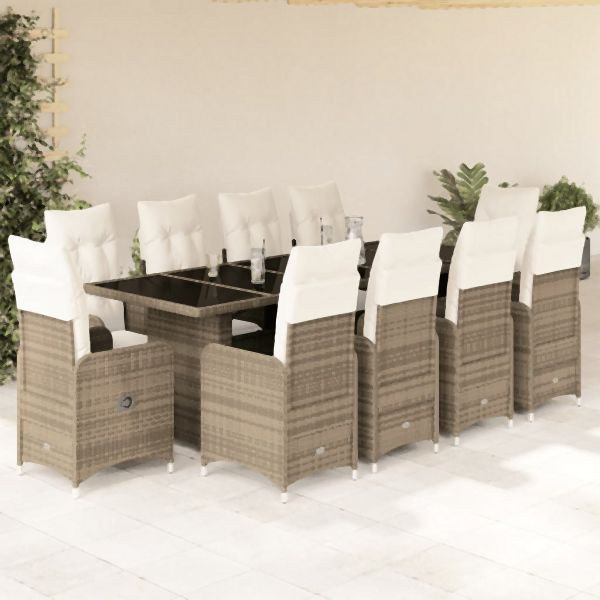 vidaXL 11-tlg. Garten-Bistro-Set mit Kissen Beige Poly Rattan, 3277300