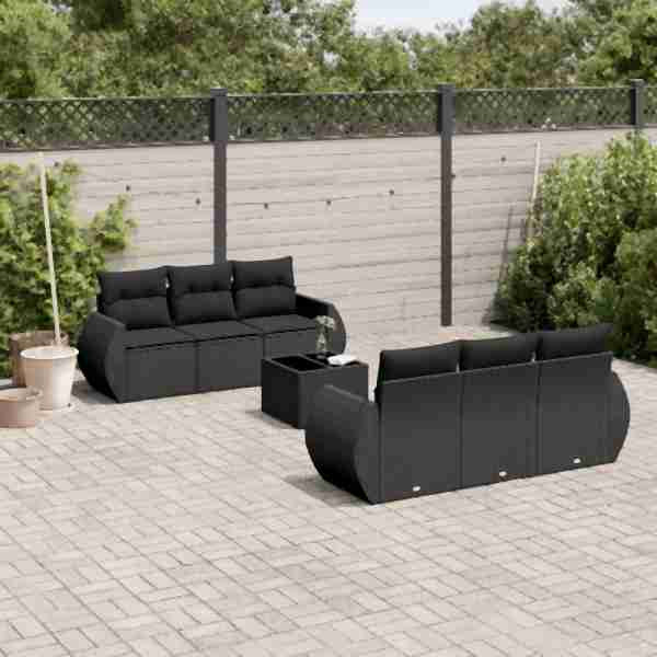 vidaXL 7-tlg. Garten-Sofagarnitur mit Kissen Schwarz Poly Rattan, UV-beständig, 3221104