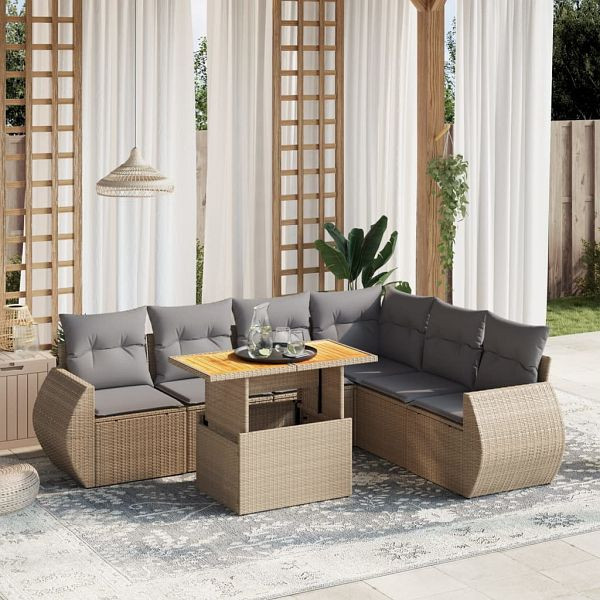 vidaXL 7-teilig Garten-Sofagarnitur mit Kissen Beige Poly Rattan, 3272214
