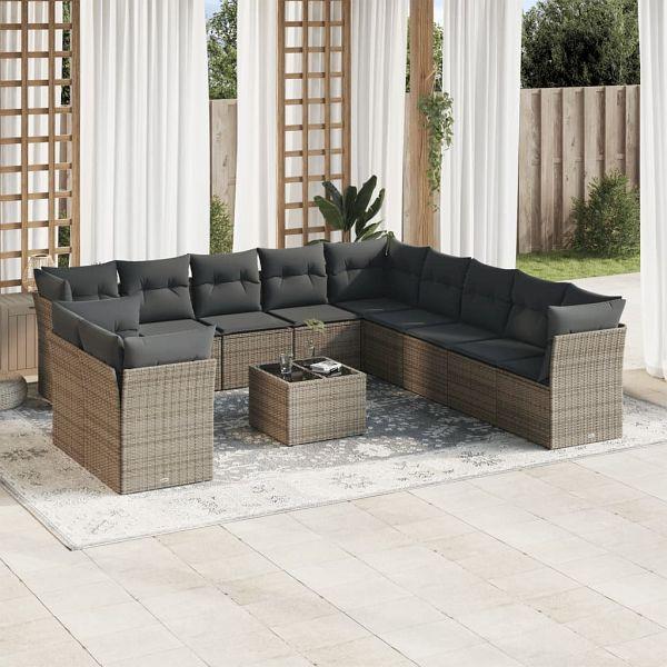 vidaXL 12-teilig Garten-Sofagarnitur mit Kissen Grau Poly Rattan, 3249729