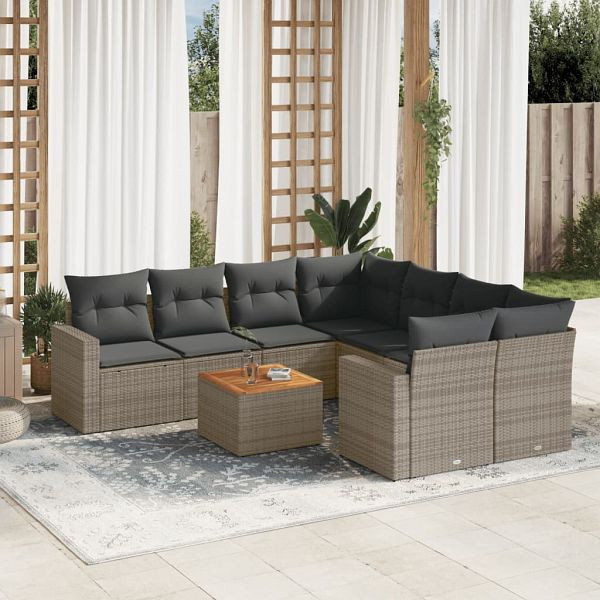 vidaXL 9-teilig Garten-Sofagarnitur mit Kissen Grau Poly Rattan, 3224051