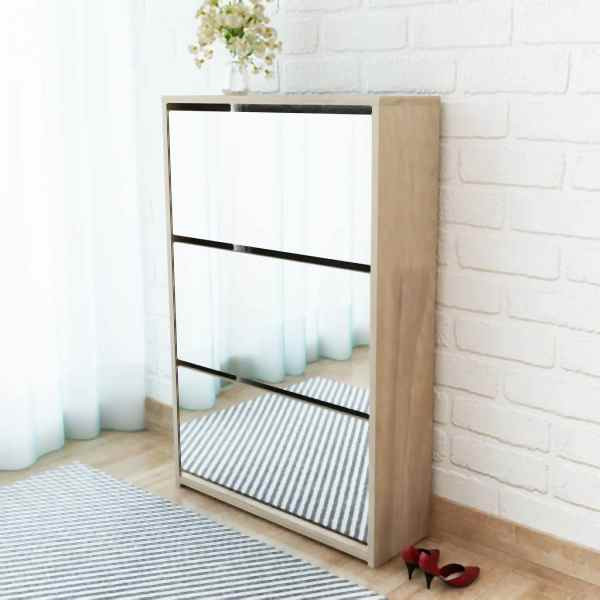 vidaXL Schuhschrank mit 3 Fächern Spiegel Eiche-Optik 63x17x102,5 cm, 243047