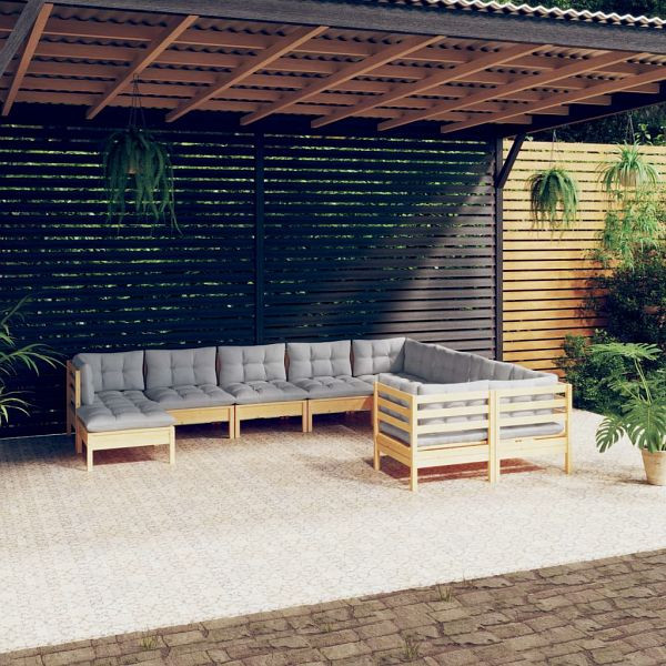 vidaXL 10-teilig Garten-Lounge-Set mit Grauen Kissen Kiefernholz, 3097030