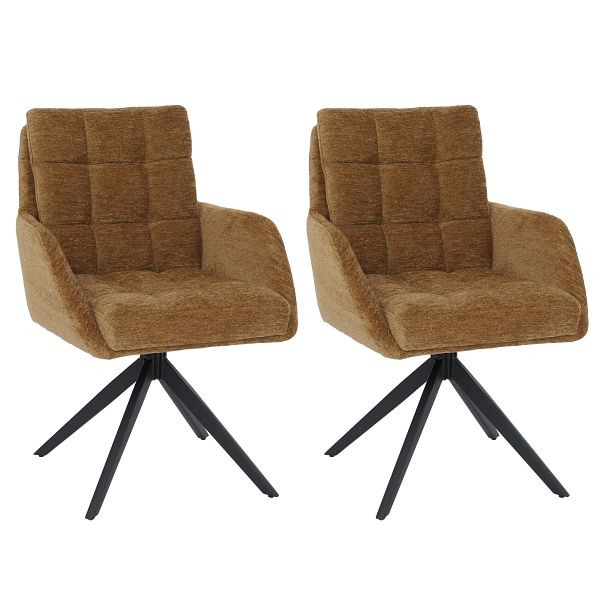 Mendler 2er-Set Esszimmerstuhl HWC-Q36, Küchenstuhl drehbar Auto-Return, Stoff Chenille (680g/m²) Öko-Tex Metall MVG, senfgelb, 130706