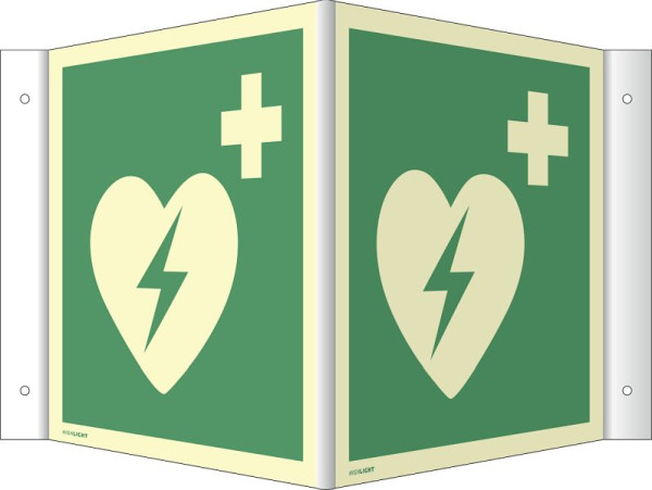 Moedel Winkelschild Automatisierter externer Defibrillator, Kunststoff, nachleuchtend, 160-mcd, 200x200 mm, 76889