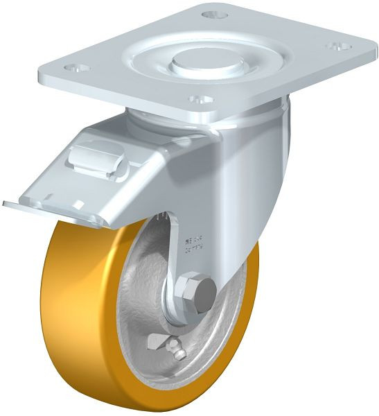 Blickle LH-GTH 125K-3-FI Stahlblech-Lenkrolle, Schwerlast-Ausführung, mit Anschraubplatte & Feststeller, Blickle Extrathane®, Hellbraun, 627729