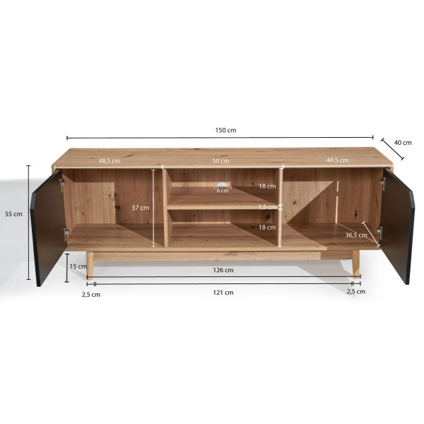 Wohnling Lowboard Eiche-Dekor Schwarz 150x55x40 cm TV-Kommode Modern, Fernsehtisch Fernsehschrank mit zwei Türen, mit Grifffräsung, WL6.817