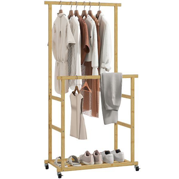 HOMCOM Kleiderständer mit Rollen, Garderobenständer mit Kleiderstange, Schuhablage, aus Bambus, 80 x 40 x 160 cm, Natur, 850-366V00ND