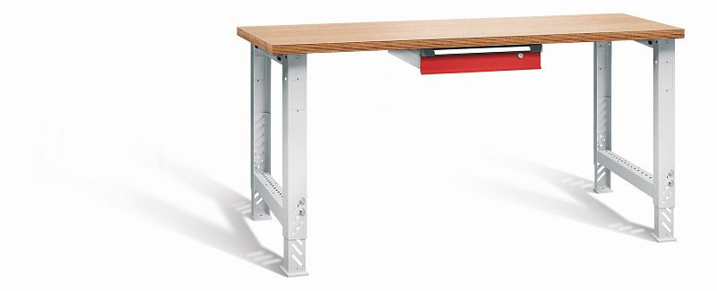 Otto Kind Werkbank function Typ 1697S, überstehende Multiplex-Arbeitsplatte, 2 höhenverstellbare Fußgestelle, Gehäuse RAL 7035, Front RAL 3000, 072180034
