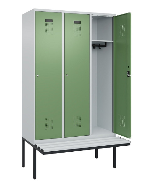 C+P Spind Evolo PLUS, 3 Abteile, 2120x1200x815mm, 7035/6011, Haken 4, Zylinderschloss, Material Sitzfläche Kunststoff, 0490407-32 S10091