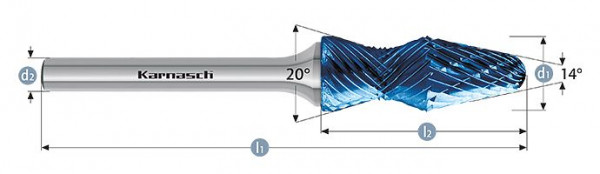 Karnasch Hartmetall-Frässtift Blue-Tec beschichtet d1= 12,0 / l2= 35 / d2= 6 / l1= 80mm Combi+Curve, 116025100