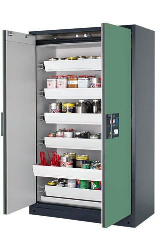 asecos Feuerbeständiger Gefahrstoffschrank Select W-126, 6 Auszugswannen, Türen grün, 201056