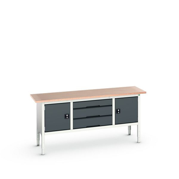 bott verso Kastenwerkbank (Multiplex-Platte) mit 3 Schubladen und 2 Türen, BxTxH: 2000 x 600 x 830 - 930 mm, Lichtgrau / Anthrazitgrau, 16923032.19