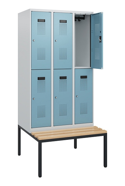 C+P Doppelstöckiger Spind Evolo PLUS, Bank, 6 Fächer, 1950x900x815mm, 7035/0010, Zylinderschloss, Sitzfläche Buche-Hartholz, Sitzbank, 0493505-30 S10035