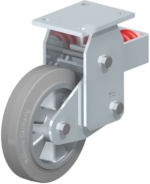 Blickle BHF-ALEV 200K-SG Stahlblech-Bockrolle, Schwerlast-Ausführung, mit Stahlfeder, Elastik-Vollgummi, Grau, 591966