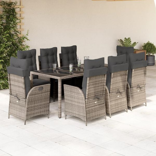 vidaXL 9-teilig Garten-Essgruppe mit Kissen Grau Poly Rattan, 3213083