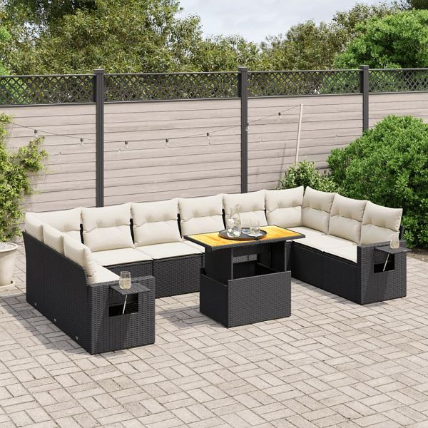 vidaXL 11-teilig Garten-Sofagarnitur mit Kissen Schwarz Poly Rattan, 3271924
