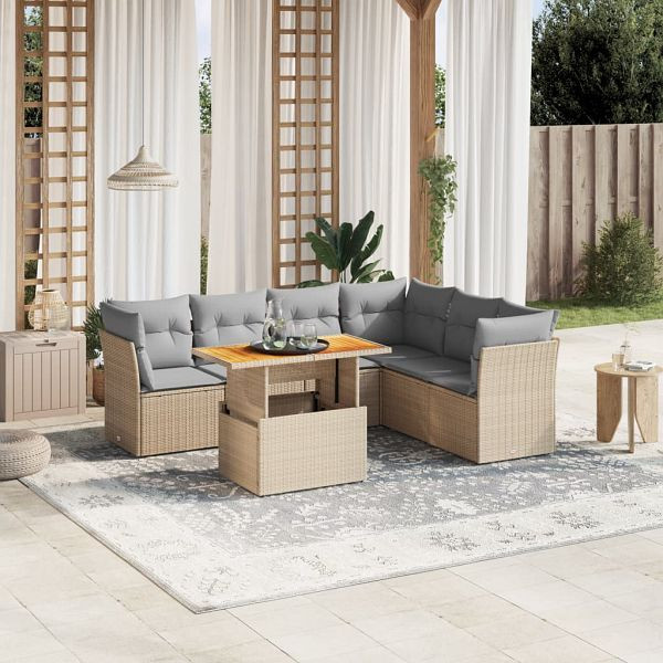 vidaXL 7-teilig Garten-Sofagarnitur mit Kissen Beige Poly Rattan, 3270849