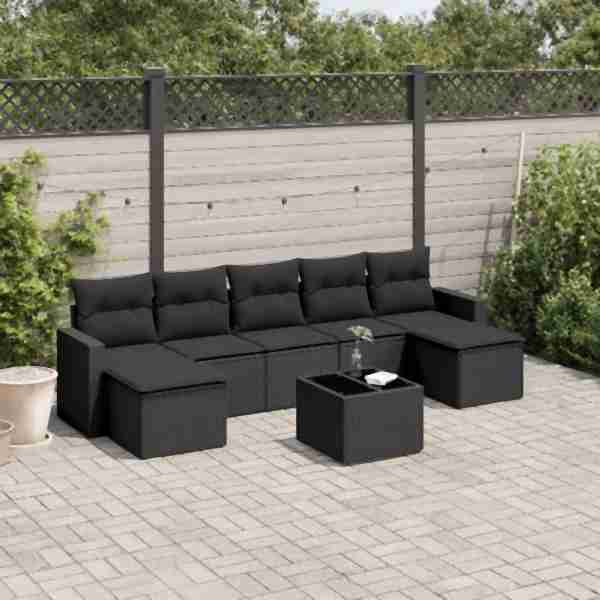 vidaXL 8-tlg. Garten-Sofagarnitur mit Kissen Schwarz Poly Rattan, UV-beständig, 3219335