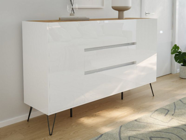 Posseik Sideboard Industrial O 155cm 3 Schubladen 2 Türen Weiß/Eiche Top, PN2092X0000059DE