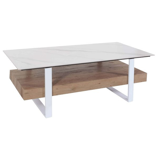 Mendler Couchtisch HWC-L88, Wohnzimmertisch Tisch, Ablage Eisen 43x120x60cm Sinterstein Marmor-Optik weiß Holz natur, 102700