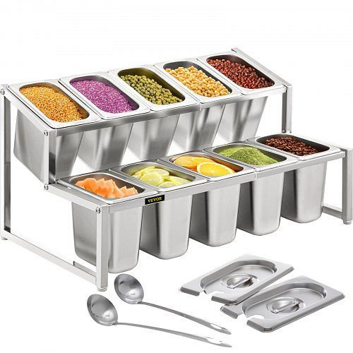 VEVOR Erweiterbares Gewürzregal, 35-60 cm Verstellbar, 2-stufiges Edelstahl-Organizer-Regal mit 10 1/9 Pfannen & 10 Schöpfkellen, DWJECZFX10219MLY3V0