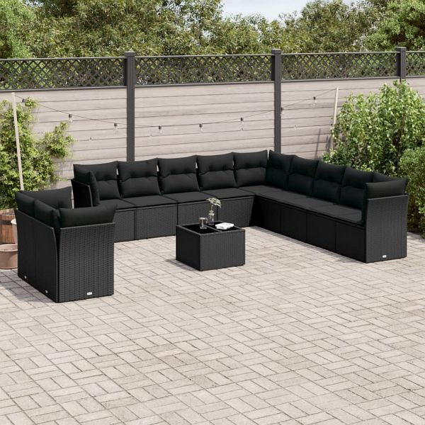 vidaXL 12-teilig Garten-Sofagarnitur mit Kissen Schwarz Poly Rattan, 3249724