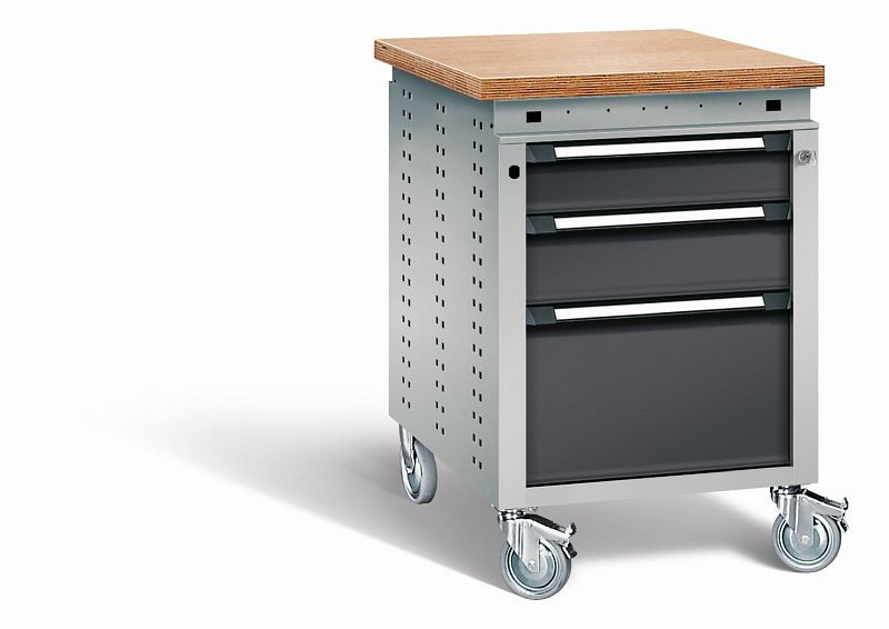 Otto Kind Werkbank Serie function Typ 152 fahrbar, Multiplexplatte, bündig, 3 Schubladen, Zentralverschluss, Gehäuse RAL 9006, Front RAL 9005, 07237913N