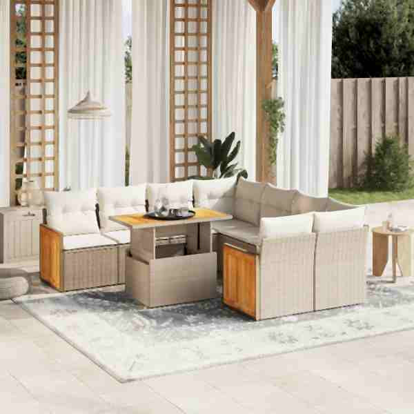 vidaXL 9-tlg. Garten-Sofagarnitur mit Kissen Beige Poly Rattan, UV-beständig, 3273886