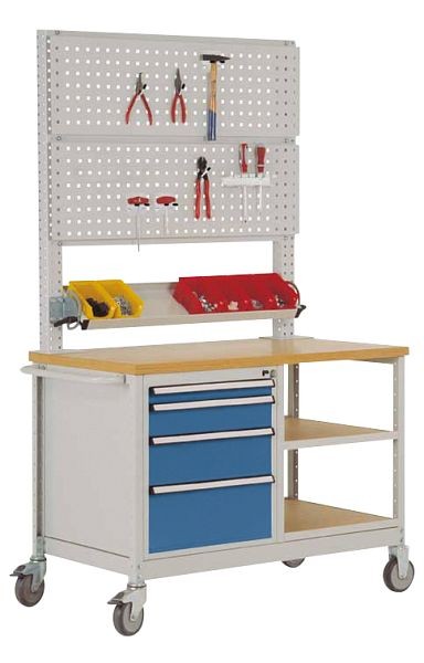 Manuflex Mobile Werkbank Modell 6 mit geölter Multiplex-Abdeckplatte 30 mm BxTxH 1135 x 590 x 810 mm, lichtgrau/brillantblau, MW2033.0002