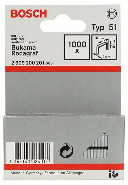 Bosch Flachdrahtklammer Typ 51, 10 x 1 x 8 mm, 1000er-Pack, 2609200201