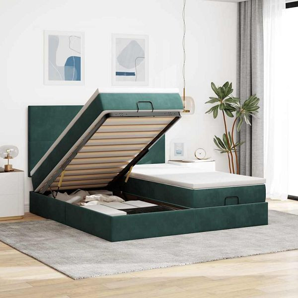vidaXL Ottoman-Bett mit Matratzen & LEDs Dunkelgrün 180x200 cm Samt, 3314606
