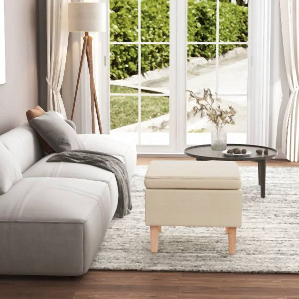 vidaXL Hocker mit Holzbeinen Creme Stoff, Abmessungen: 52 x 52 x 42 cm (B x T x H), 329434