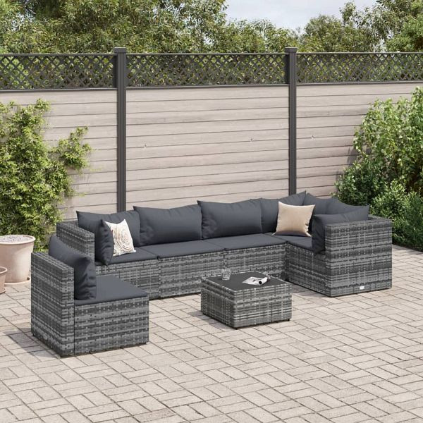 vidaXL 7-teilig Garten-Lounge-Set mit Kissen Grau Poly Rattan, 3308178