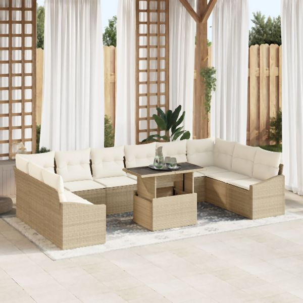 vidaXL Garten-Sofa-Set 11-teiliges Set Beige Rattan, Stoff, 3357814
