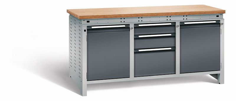 Otto Kind Werkbank Serie function Typ 310, Multiplexplatte 40 mm, bündig, 2x Unterbau + mittleres Feld, Gehäuse RAL 9006, Front RAL 7016, 07236514S