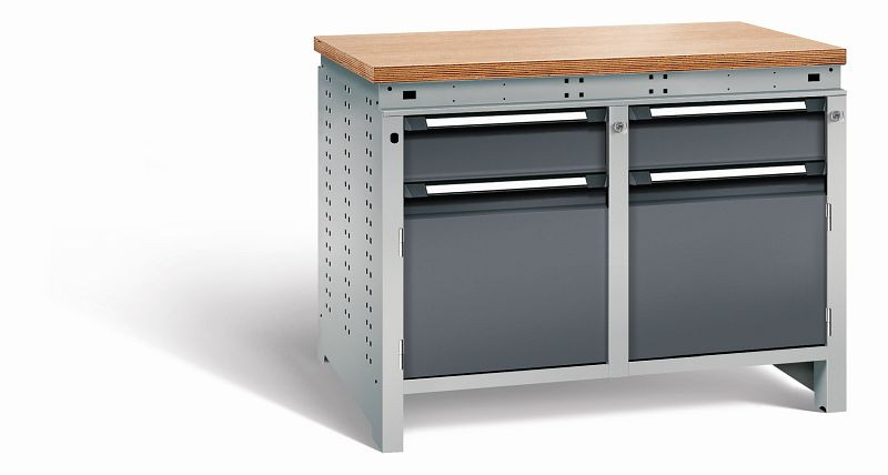 Otto Kind Werkbank Serie function Typ 214, Multiplexplatte 40 mm, bündig, 2x Unterbau + Zentralverschluss, Gehäuse RAL 9006, Front RAL 7016, 07234414S