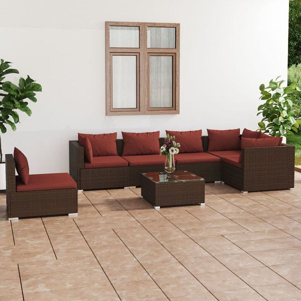 vidaXL 7-teilig Garten-Lounge-Set mit Kissen Poly Rattan Braun, 3102331