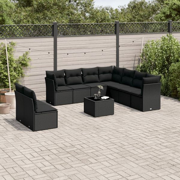 vidaXL 10-teilig Garten-Sofagarnitur mit Kissen Schwarz Poly Rattan, 3249684