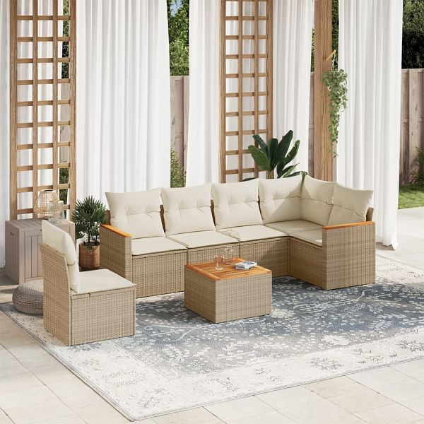 vidaXL 7-teilig Garten-Sofagarnitur mit Kissen Beige Poly Rattan, 3226023