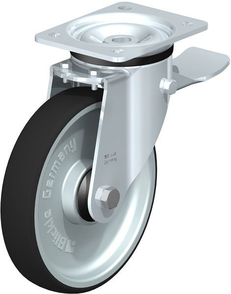 Blickle LK-PATH 200K-ST-ELS Stahlblech-Lenkrolle, schwere Ausführung, mit Anschraubplatte & Feststeller, Thermoplastisches Polyurethan, Grau, 852278