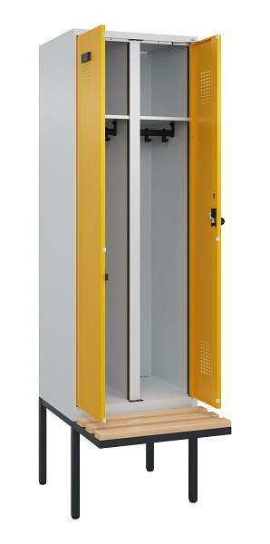 C+P Schwarz-Weiß-Spind Evolo PLUS, Bank, 2 Abteile, 2120x600x815mm, 7035/1004, Drehriegel, Sitzfläche Holz, 0490427-20 S10000