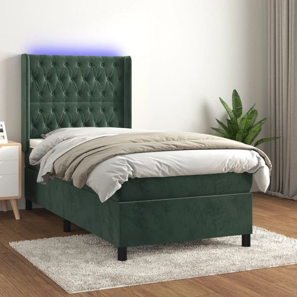 vidaXL Boxspringbett mit Matratze & LED Dunkelgrün 90x200 cm Samt, 3139724