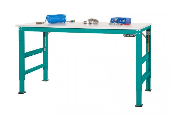 Manuflex Arbeitsgrundtisch UNIVERSAL Ergo E Memory mit Melaminplatte, BxTxH = 1000 x 800 x 722-1002 mm, Wasserblau, AU9511.5021