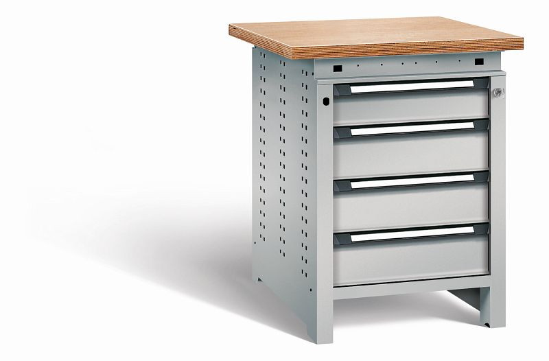 Otto Kind Werkbank Serie function Typ 107, Multiplexplatte, überstehend, 4 Schubladen, mit Zentralverschluss, komplett RAL 9006, 072324296