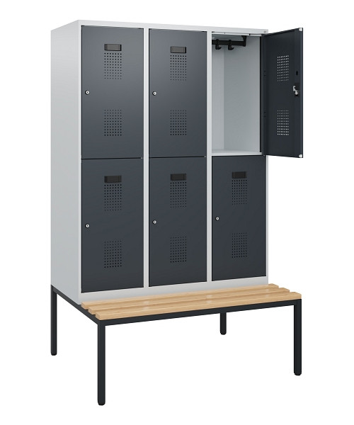 C+P Doppelstöckiger Spind Evolo PLUS, Bank, 6 Fächer, 1950x1200x815mm, 7035/7016, Zylinderschloss, Sitzfläche Buche-Hartholz, Sitzbank, 0493505-32 S10039