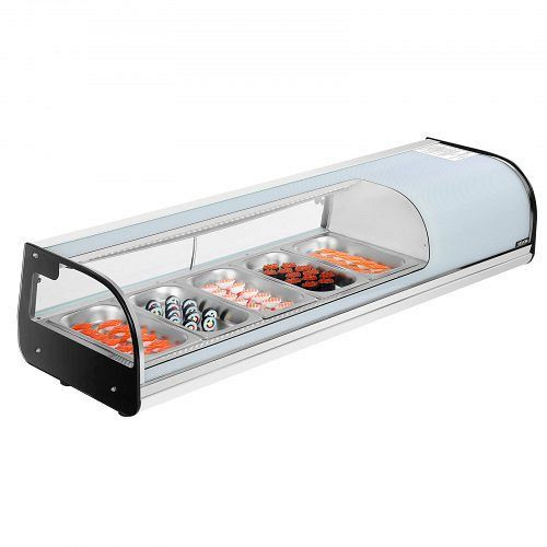 VEVOR 52L Sushi Kühlvitrine mit gebogenem Glas, 5 Pfannen, LED-Beleuchtung & digitaler Temperaturregelung, LZSSZSJTSYX5VSAZ3001V2