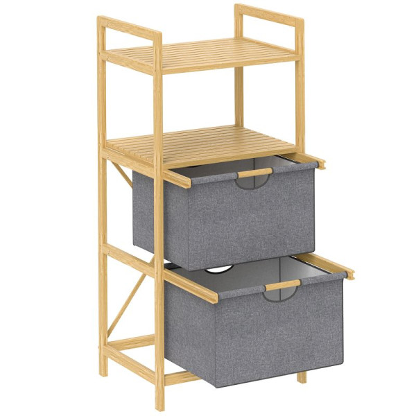 HOMCOM Bambus-Wäscheregal, mit 2 Wäschekörben aus Stoff, offene Ablagen, platzsparend, Naturholz, 850-324V00ND