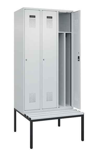 C+P Spind Evolo PLUS, 3 Abteile, 2120x900x815mm, 7035/7035, Haken 4, Zylinderschloss, Sitzfläche Kunststoff, Sitzbank, 0490507-30F S10094